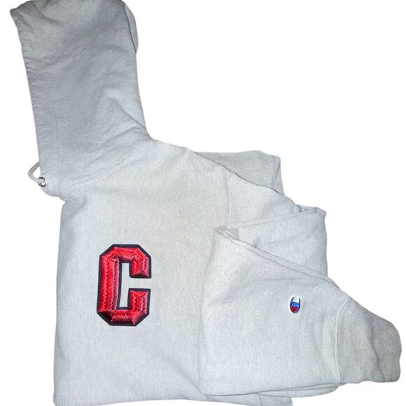 Champion Reverse Weave Y2K Sweatshirt Gray Pullover Hoodie Size XL unique logo - Picture 5 of 9